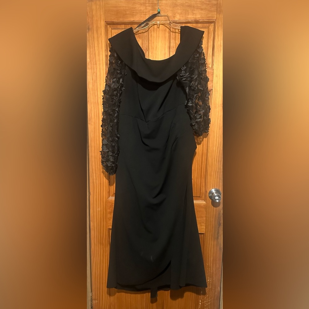 Xscape Black One-Shoulder Dress with Sheer Lace Sleeves - Picture 3 of 4
